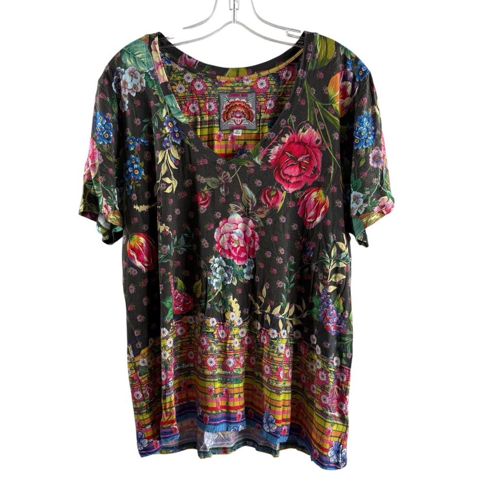 Johnny Was Black Floral V-Neck Short Sleeve Top with Multicolor Border